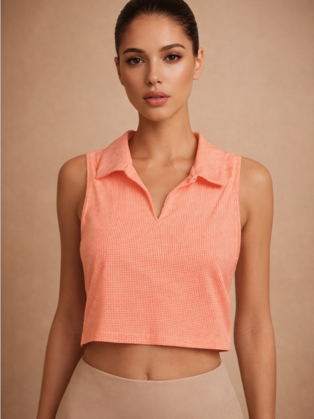 Lou & Grey Coral Peach Sleeveless Collared Crop Top